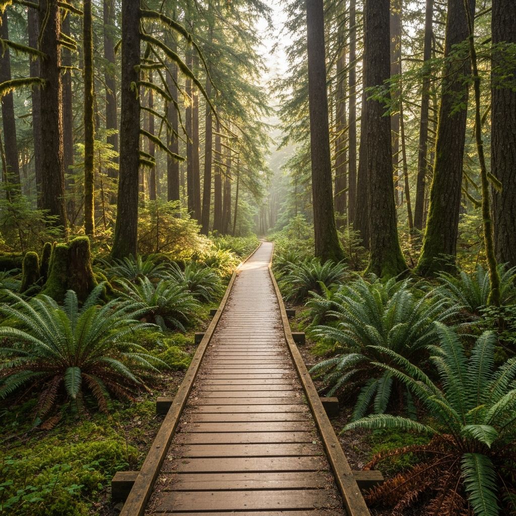 A wooden boardwalk winding through a lush forest